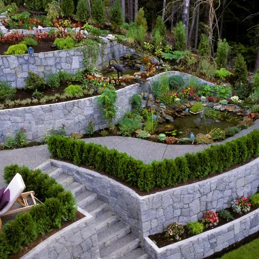 tiered stone garden with lush landscaping, flowers, shrubs, and a decorative pond